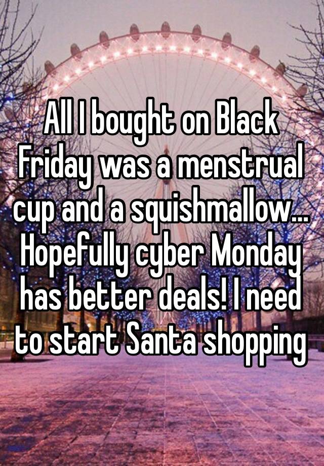 All I bought on Black Friday was a menstrual cup and a squishmallow… Hopefully cyber Monday has better deals! I need to start Santa shopping