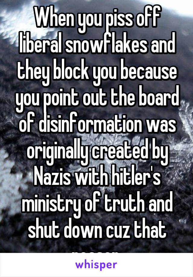 When you piss off liberal snowflakes and they block you because you point out the board of disinformation was originally created by Nazis with hitler's ministry of truth and shut down cuz that reason.