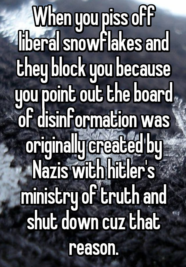 When you piss off liberal snowflakes and they block you because you point out the board of disinformation was originally created by Nazis with hitler's ministry of truth and shut down cuz that reason.