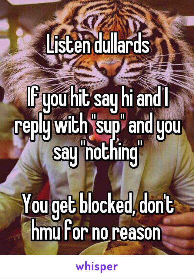 Listen dullards

If you hit say hi and I reply with "sup" and you say "nothing"

You get blocked, don't hmu for no reason 