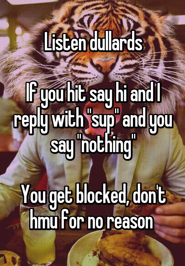 Listen dullards

If you hit say hi and I reply with "sup" and you say "nothing"

You get blocked, don't hmu for no reason 