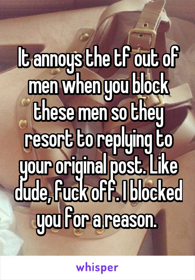 It annoys the tf out of men when you block these men so they resort to replying to your original post. Like dude, fuck off. I blocked you for a reason. 