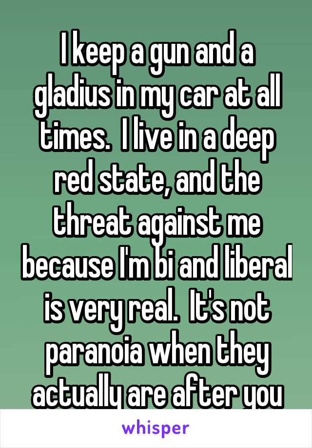 I keep a gun and a gladius in my car at all times.  I live in a deep red state, and the threat against me because I'm bi and liberal is very real.  It's not paranoia when they actually are after you