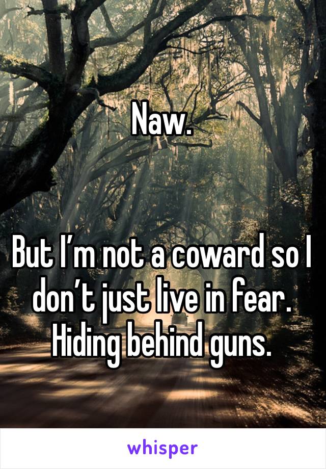 Naw.


But I’m not a coward so I don’t just live in fear. Hiding behind guns. 