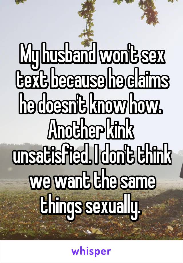 My husband won't sex text because he claims he doesn't know how. 
Another kink  unsatisfied. I don't think we want the same things sexually. 