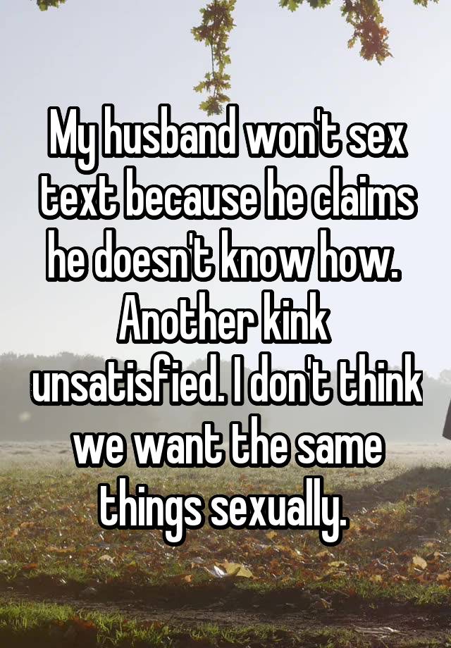 My husband won't sex text because he claims he doesn't know how. 
Another kink  unsatisfied. I don't think we want the same things sexually. 