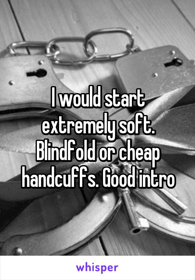 I would start extremely soft. Blindfold or cheap handcuffs. Good intro