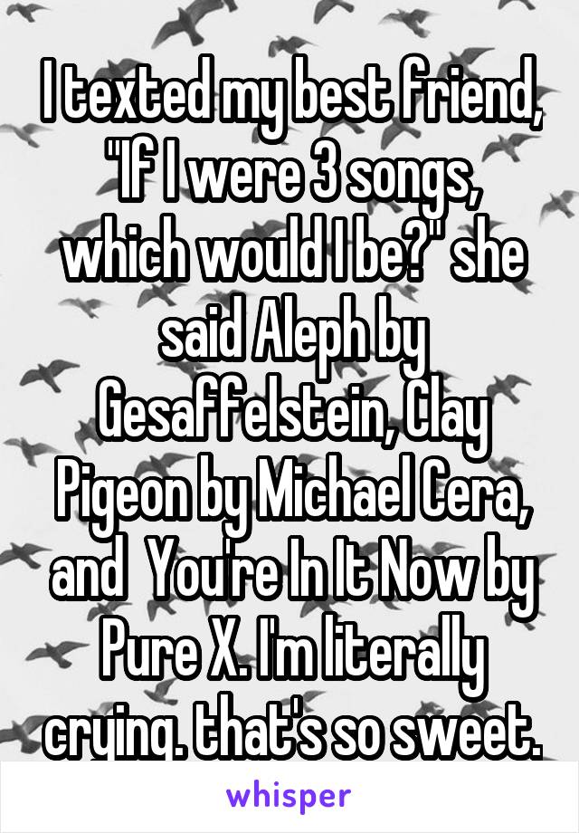 I texted my best friend, "If I were 3 songs, which would I be?" she said Aleph by Gesaffelstein, Clay Pigeon by Michael Cera, and  You're In It Now by Pure X. I'm literally crying. that's so sweet.