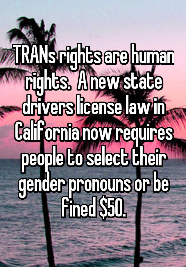 TRANs rights are human rights.  A new state drivers license law in California now requires people to select their gender pronouns or be fined $50.