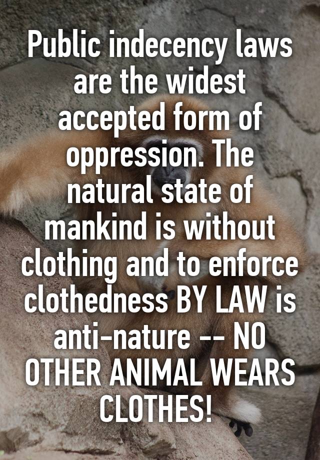 Public indecency laws are the widest accepted form of oppression. The natural state of mankind is without clothing and to enforce clothedness BY LAW is anti-nature -- NO OTHER ANIMAL WEARS CLOTHES! 