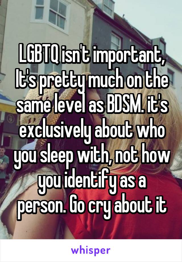 LGBTQ isn't important, It's pretty much on the same level as BDSM. it's exclusively about who you sleep with, not how you identify as a person. Go cry about it