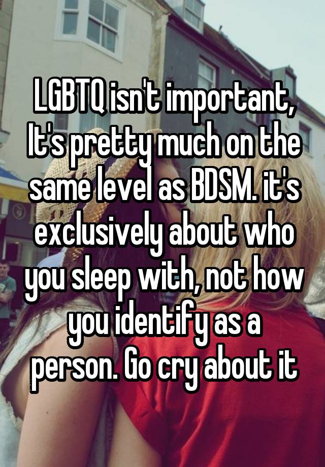 LGBTQ isn't important, It's pretty much on the same level as BDSM. it's exclusively about who you sleep with, not how you identify as a person. Go cry about it