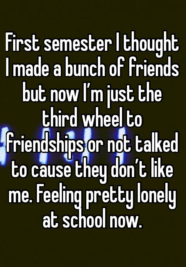 First semester I thought I made a bunch of friends but now I’m just the third wheel to friendships or not talked to cause they don’t like me. Feeling pretty lonely at school now. 