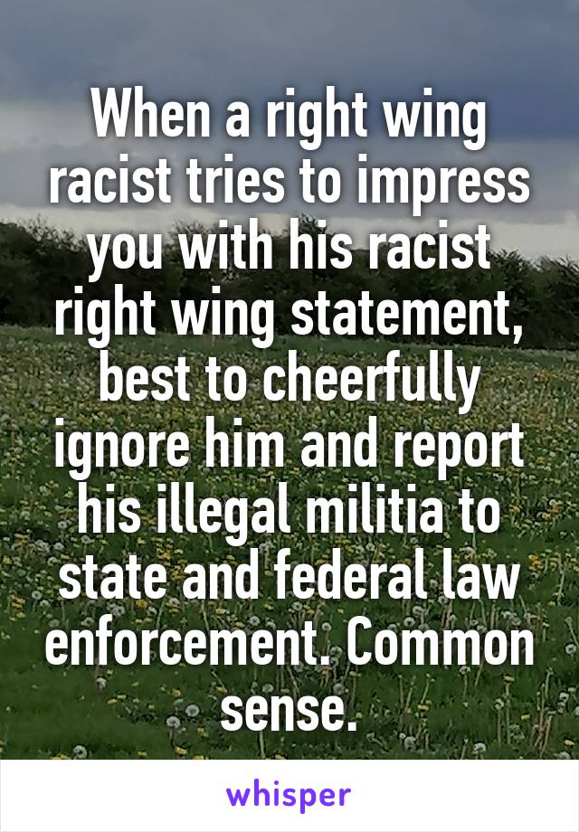 When a right wing racist tries to impress you with his racist right wing statement, best to cheerfully ignore him and report his illegal militia to state and federal law enforcement. Common sense.