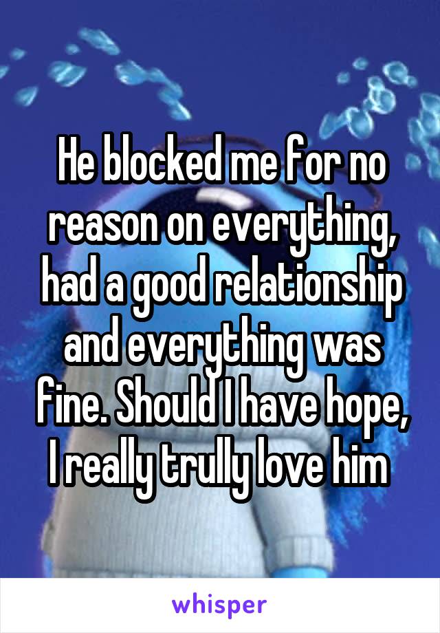 He blocked me for no reason on everything, had a good relationship and everything was fine. Should I have hope, I really trully love him 