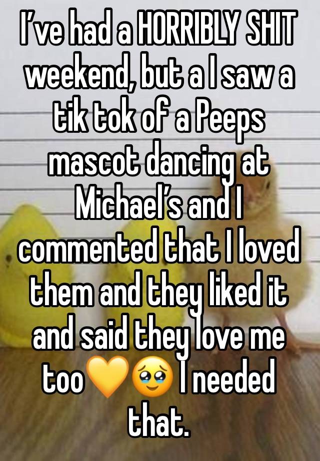 I’ve had a HORRIBLY SHIT weekend, but a I saw a tik tok of a Peeps mascot dancing at Michael’s and I commented that I loved them and they liked it and said they love me too💛🥹 I needed that.