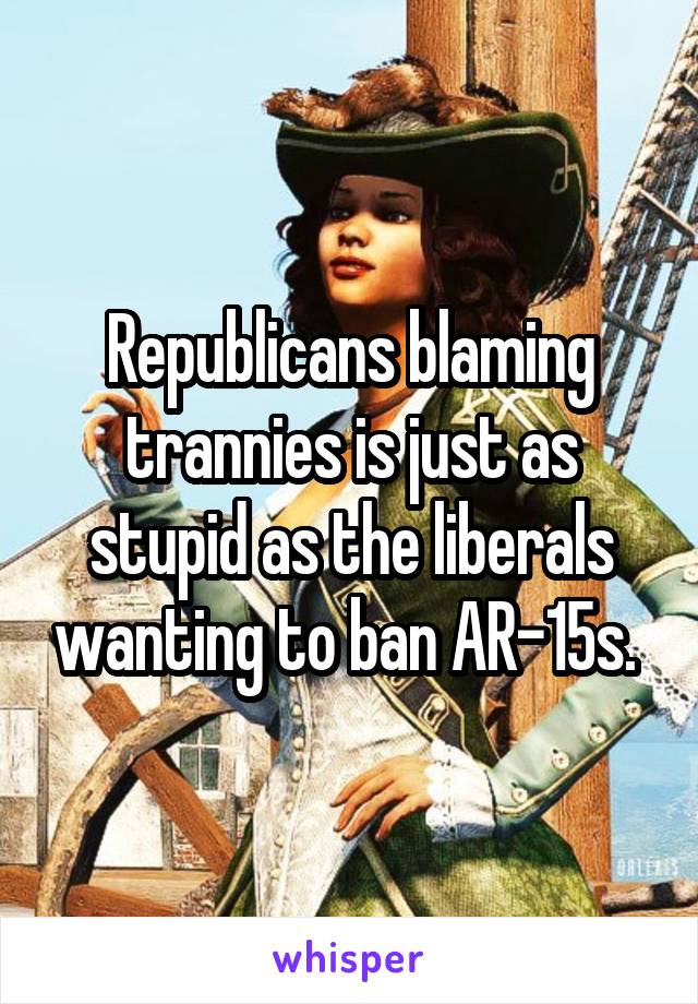 Republicans blaming trannies is just as stupid as the liberals wanting to ban AR-15s. 