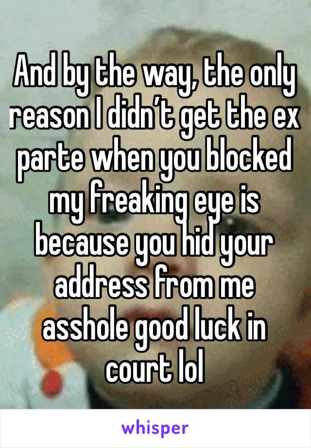 And by the way, the only reason I didn’t get the ex parte when you blocked my freaking eye is because you hid your address from me asshole good luck in court lol