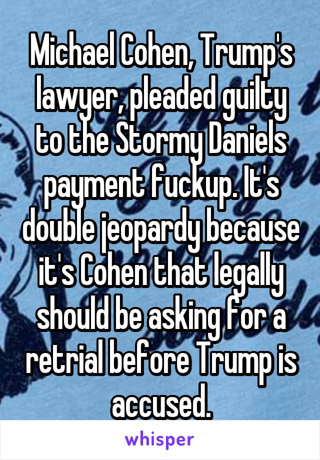 Michael Cohen, Trump's lawyer, pleaded guilty to the Stormy Daniels payment fuckup. It's double jeopardy because it's Cohen that legally should be asking for a retrial before Trump is accused.