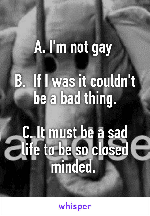 A. I'm not gay 

B.  If I was it couldn't be a bad thing.

C. It must be a sad life to be so closed minded. 