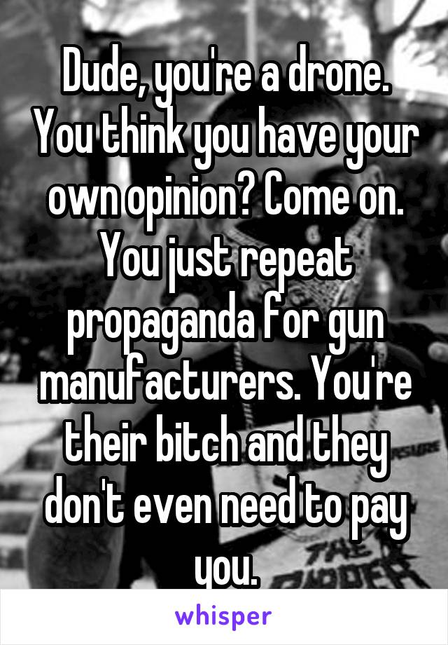 Dude, you're a drone. You think you have your own opinion? Come on. You just repeat propaganda for gun manufacturers. You're their bitch and they don't even need to pay you.