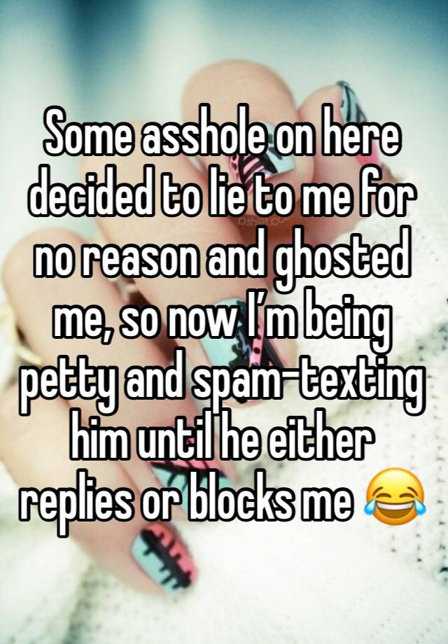 Some asshole on here decided to lie to me for no reason and ghosted me, so now I’m being petty and spam-texting him until he either replies or blocks me 😂