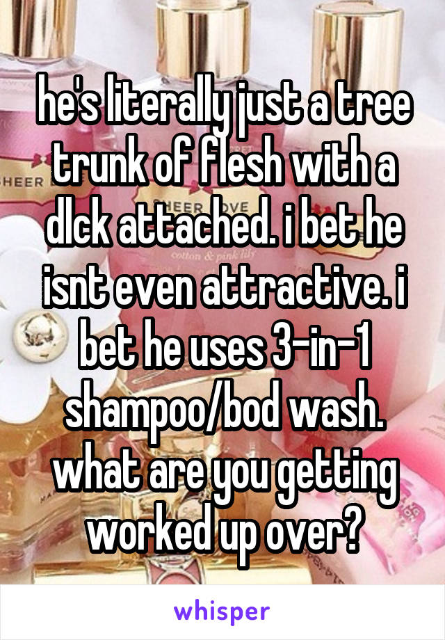 he's literally just a tree trunk of flesh with a dlck attached. i bet he isnt even attractive. i bet he uses 3-in-1 shampoo/bod wash. what are you getting worked up over?