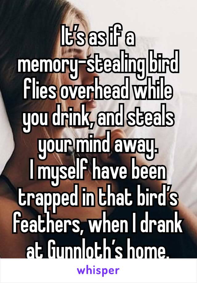 It’s as if a memory-stealing bird
flies overhead while you drink, and steals your mind away.
I myself have been trapped in that bird’s feathers, when I drank at Gunnloth’s home.