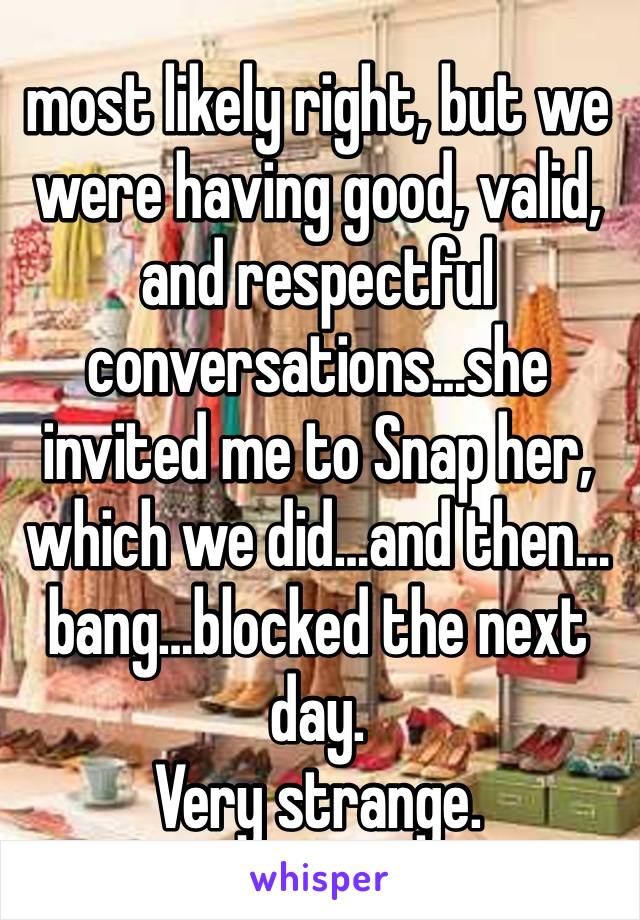 most likely right, but we were having good, valid, and respectful conversations…she invited me to Snap her, which we did…and then…bang…blocked the next day. 
Very strange.