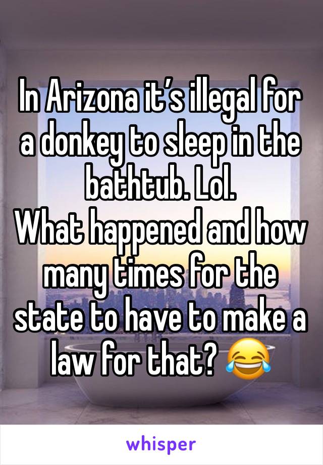 In Arizona it’s illegal for a donkey to sleep in the bathtub. Lol. 
What happened and how
many times for the state to have to make a law for that? 😂 