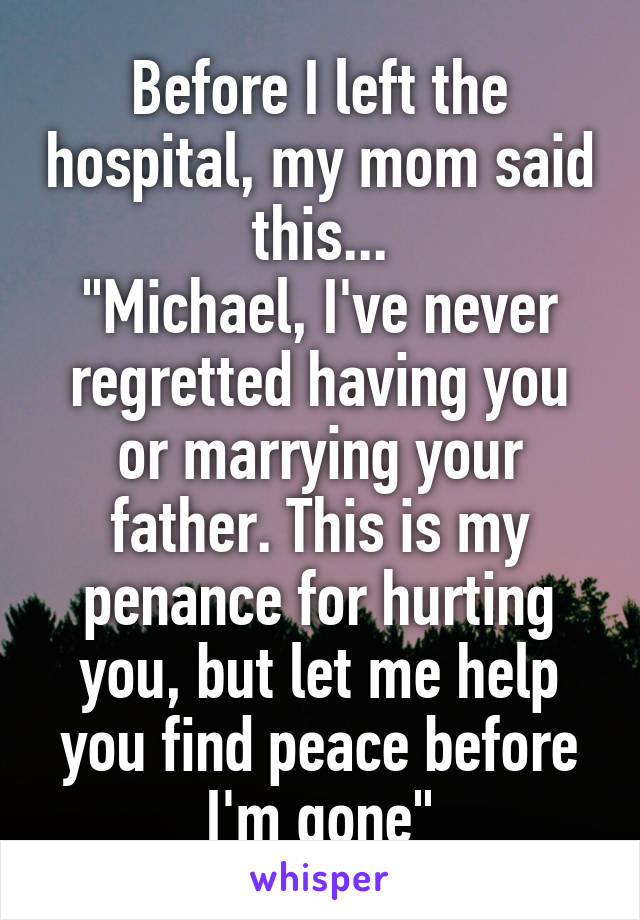 Before I left the hospital, my mom said this...
"Michael, I've never regretted having you or marrying your father. This is my penance for hurting you, but let me help you find peace before I'm gone"