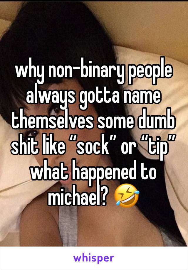 why non-binary people always gotta name themselves some dumb shit like “sock” or “tip” what happened to michael? 🤣