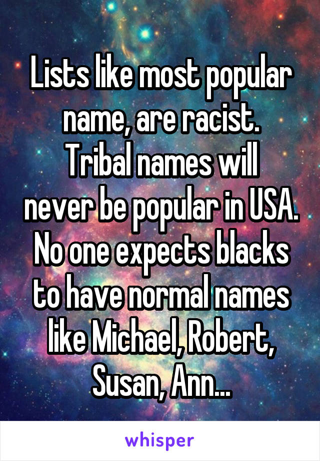 Lists like most popular name, are racist.
Tribal names will never be popular in USA.
No one expects blacks to have normal names like Michael, Robert, Susan, Ann...