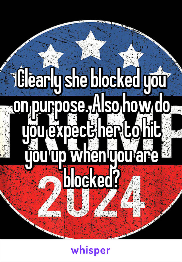 Clearly she blocked you on purpose. Also how do you expect her to hit you up when you are blocked?