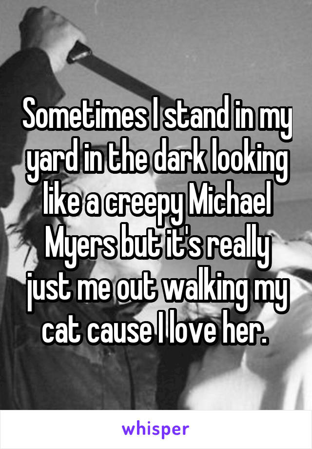 Sometimes I stand in my yard in the dark looking like a creepy Michael Myers but it's really just me out walking my cat cause I love her. 