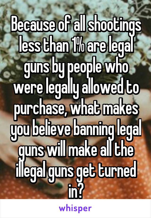 Because of all shootings less than 1% are legal guns by people who were legally allowed to purchase, what makes you believe banning legal guns will make all the illegal guns get turned in?