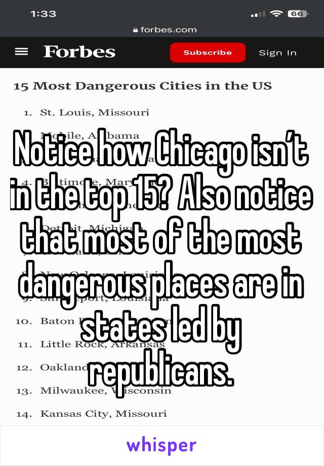 Notice how Chicago isn’t in the top 15? Also notice that most of the most dangerous places are in states led by republicans. 