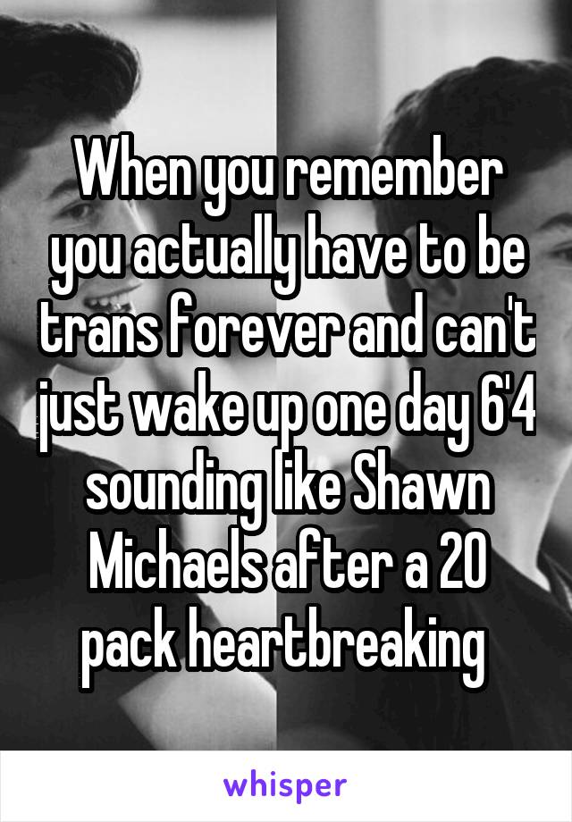 When you remember you actually have to be trans forever and can't just wake up one day 6'4 sounding like Shawn Michaels after a 20 pack heartbreaking 