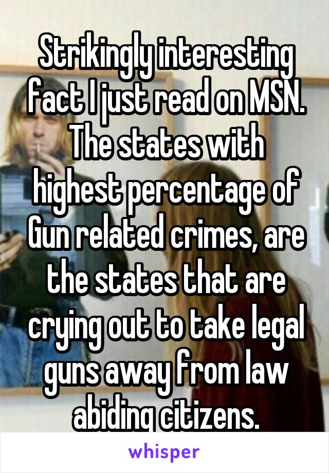 Strikingly interesting fact I just read on MSN.
The states with highest percentage of Gun related crimes, are the states that are crying out to take legal guns away from law abiding citizens.