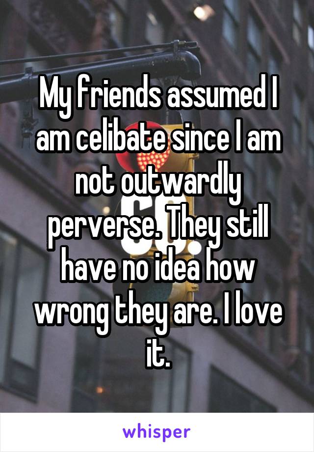 My friends assumed I am celibate since I am not outwardly perverse. They still have no idea how wrong they are. I love it.