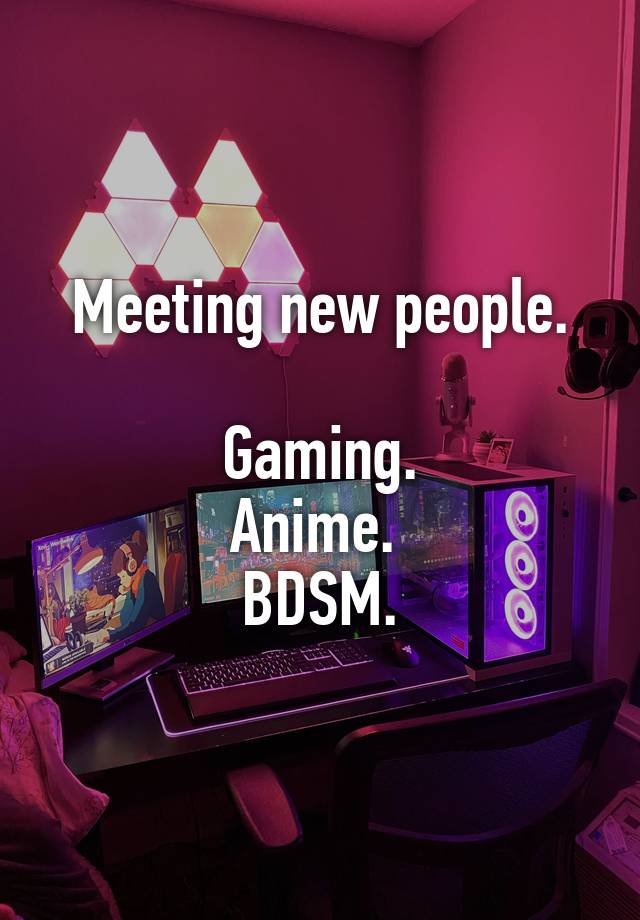 Meeting new people.

 Gaming. 
Anime. 
BDSM.