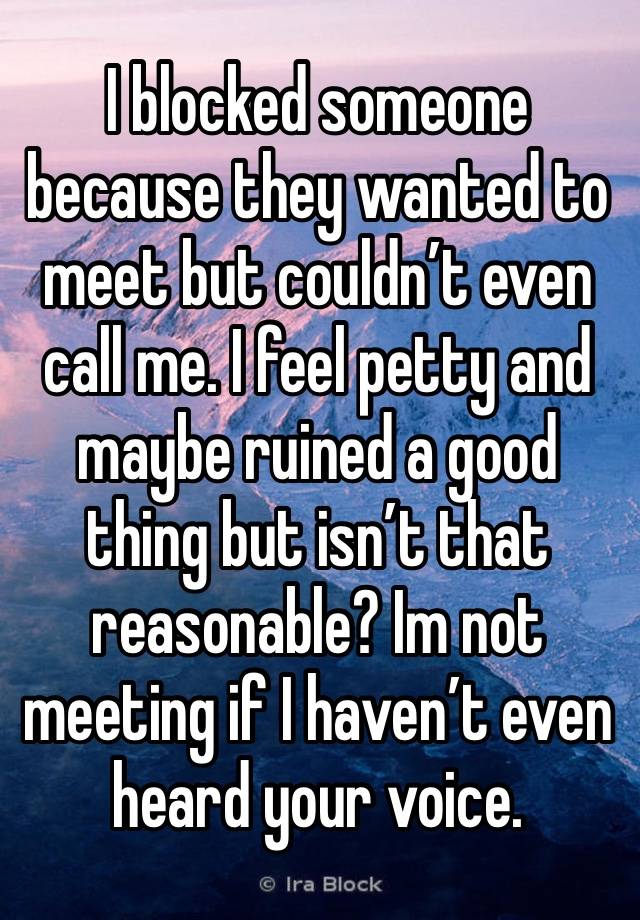 I blocked someone because they wanted to meet but couldn’t even call me. I feel petty and maybe ruined a good thing but isn’t that reasonable? Im not meeting if I haven’t even heard your voice. 