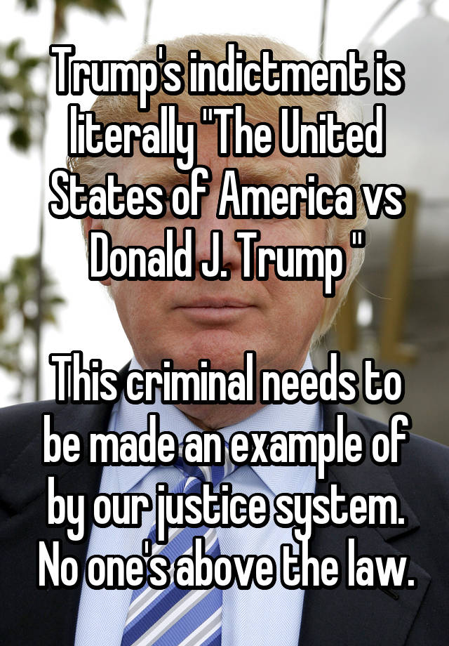 Trump's indictment is literally "The United States of America vs Donald J. Trump "

This criminal needs to be made an example of by our justice system. No one's above the law.