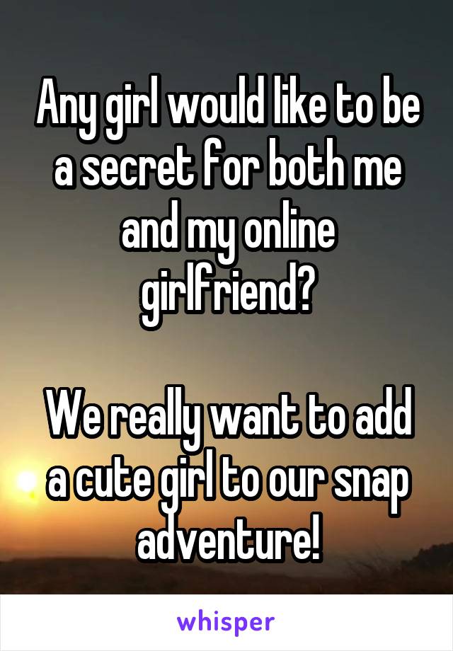 Any girl would like to be a secret for both me and my online girlfriend?

We really want to add a cute girl to our snap adventure!