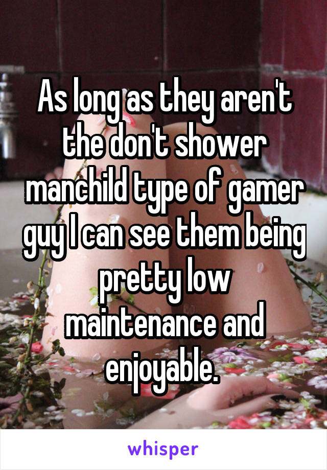 As long as they aren't the don't shower manchild type of gamer guy I can see them being pretty low maintenance and enjoyable. 