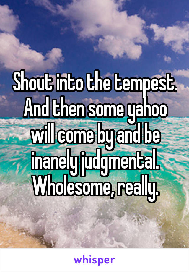 Shout into the tempest. And then some yahoo will come by and be inanely judgmental.
Wholesome, really.