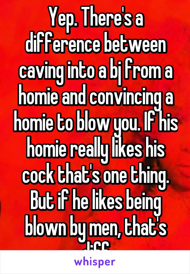 Yep. There's a difference between caving into a bj from a homie and convincing a homie to blow you. If his homie really likes his cock that's one thing. But if he likes being blown by men, that's diff