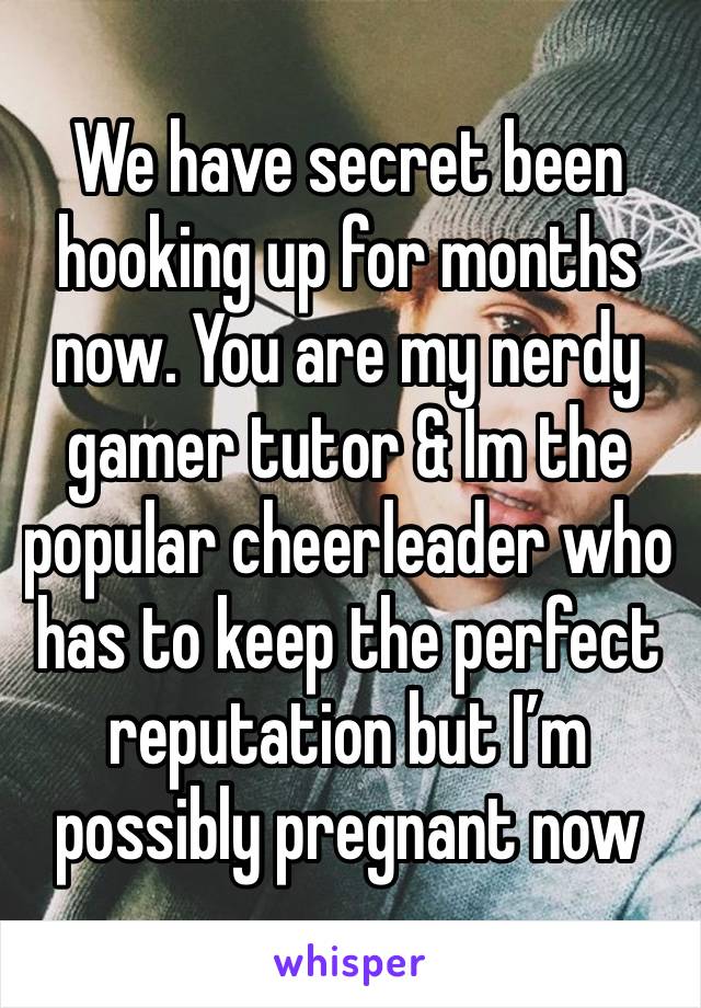 We have secret been hooking up for months now. You are my nerdy gamer tutor & Im the popular cheerleader who has to keep the perfect reputation but I’m possibly pregnant now