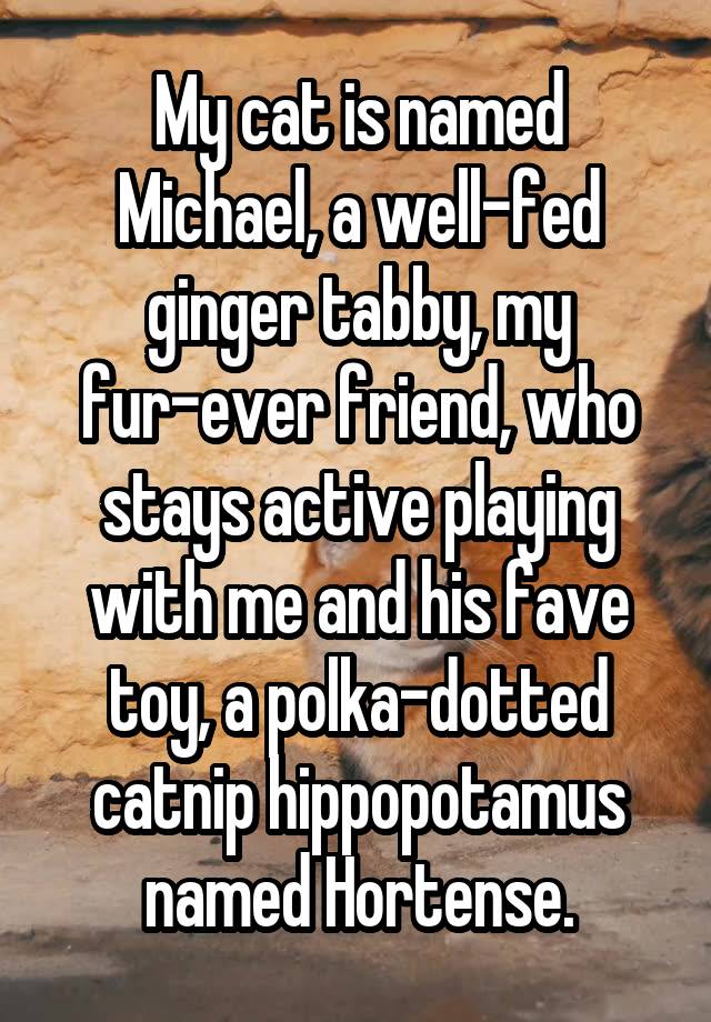 My cat is named Michael, a well-fed ginger tabby, my fur-ever friend, who stays active playing with me and his fave toy, a polka-dotted catnip hippopotamus named Hortense.