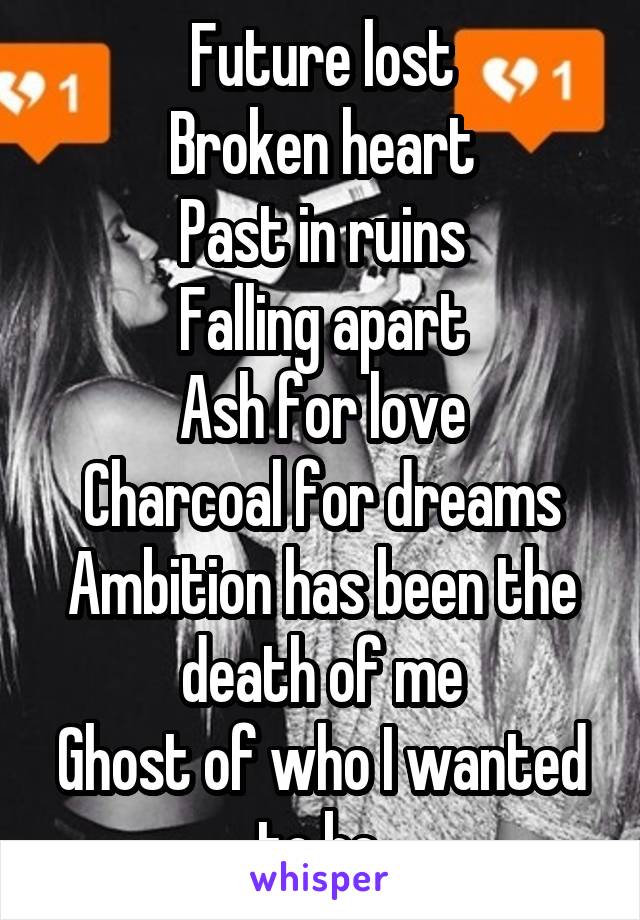 Future lost
Broken heart
Past in ruins
Falling apart
Ash for love
Charcoal for dreams
Ambition has been the death of me
Ghost of who I wanted to be.